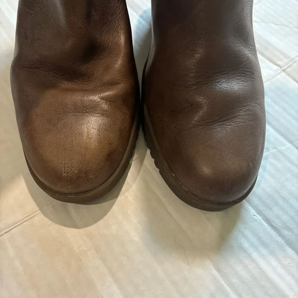 Ugg Felicity Brown Leather boots wedge rubber heel, shearling cuff sz 8 Boho
